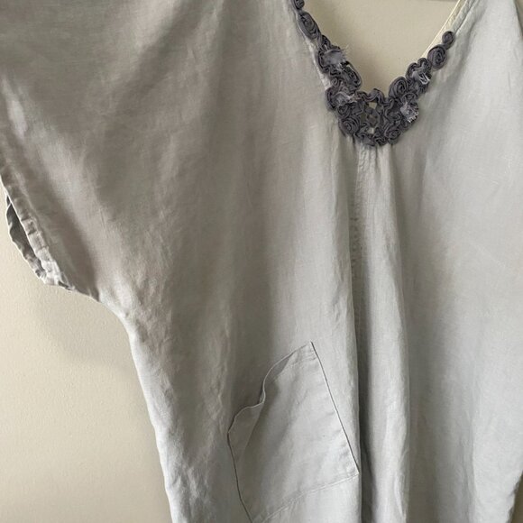 Handmade Plus Size 100% Linen Blue Grey Patch Pocket Floral Appliqué Dress - Picture 8 of 16